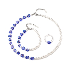 Blue Plastic Imitation Pearl & Millefiori Glass Beaded Finger Ring Bracelet Necklace, Jewelry Set for Women, Blue, 16.14 inch(41cm), 7-1/4 inch(18.5cm), US Size 7 3/4(17.9mm)