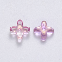 Orchid Transparent Spray Painted Glass Beads, with Glitter Powder, Clover, Plum, 8x8x3mm, Hole: 0.9mm