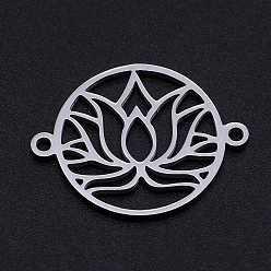 Stainless Steel Color 201 Stainless Steel Links, for Chakra, Laser Cut, Round Ring with Lotus Flower, Stainless Steel Color, 17.5x23x1mm, Hole: 1.4mm