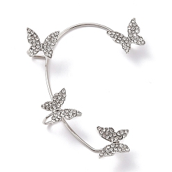 Platinum Butterfly Crystal Rhinestone Cuff Earrings for Girl Women Gift, Brass Earrings for Non-Piercing Ear, Platinum, 58x43x11mm