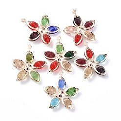 Mixed Color Rack Plating Iron Glass Pendants, Light Gold Tone Flower Charms, Mixed Color, 33x30x7.5mm, Hole: 1mm