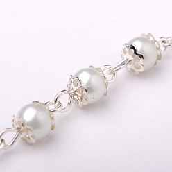 White Handmade Round Glass Pearl Beads Chains for Necklaces Bracelets Making, with Iron Beads clasps, Iron Cable Chains and Iron Eye Pin, Unwelded, Silver Color Plated, White, 39.3 inch
