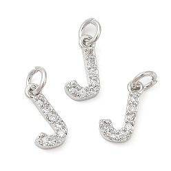 Real Platinum Plated Brass Micro Pave Grade AAA Cubic Zirconia Charms, Letter J, Cadmium Free & Nickel Free & Lead Free, Real Platinum Plated, 9x4.5x1.5mm, Hole: 2mm