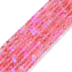 Hot Pink Frosted Transparent Glass Beads Strands, Rondelle, Hot Pink, 8x5mm, Hole: 1mm, about 75pcs/strand, 14.96''(38cm)