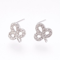 Platinum Brass Micro Pave Cubic Zirconia Stud Earring Findings, with Loop, Lead Free & Cadmium Free, Flower, Clear, Platinum, 10x9x2mm, Hole: 0.8mm, Pin:0.6mm