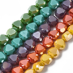 Mixed Color Electroplate Opaque Solid Color Glass Beads Strands, Faceted Heart, Mixed Color, 6x6x4mm, Hole: 1mm, about 100~102pcs/strand, 21.26 inch~22.44 inch(54~57cm)