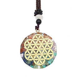 Golden Chakra Yoga Theme Mixed Gemstone with Polygon Resin Pendant Necklace with Polyester Cord for Women, Golden, 25.59 inch(65cm)