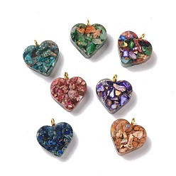 Mixed Color Transparent Resin Natural Imperial Jasper Dyed Chips Pendants, with Golden Tone Brass Loops, Heart Charm, Mixed Color, 16.5x15.5x6~6.5mm, Hole: 2mm