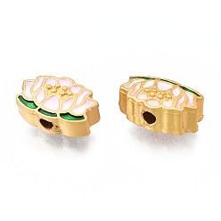 Pink Rack Plating Alloy Enamel Beads, Cadmium Free & Lead Free, Matte Gold Color, Lotus, Pink, 8x12x6mm, Hole: 1.8mm