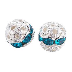 Blue Zircon Brass Rhinestone Beads, Grade A, Silver Color Plated, Round, Blue Zircon, 8mm, Hole: 1mm, 20pcs/box