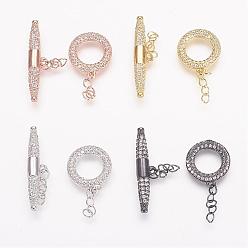 Mixed Color Brass Micro Pave Cubic Zirconia Ring Toggle Clasps, Mixed Color, Ring: 15x13x2mm, Bar: 6x27x4mm.