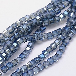 Aciano Azul Abalorios de vidrio electrochapdo, chapado en arco iris , facetados, cubo, azul aciano, 4x4x4 mm, agujero: 1 mm, sobre 98 unidades / cadena, 15.7 pulgada