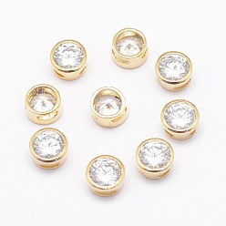 Light Gold Real Light Gold Plated Brass Cubic Zirconia Flat Round Charms, Nickel Free, 8x5mm, Hole: 4x1mm