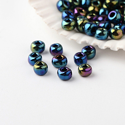 Plaqué Bleu 6/0 grader des perles de rocaille en verre rondes, iris couleurs métalliques, bleu plaqué, 6/0, 4x3mm, Trou: 1mm, environ 4800 pcs / livre