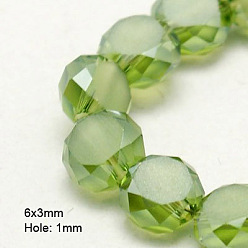 Yellow Green Electroplate Glass Beads, Half Plated, Faceted, Frosted, Flat Round, Yellow Green, 6x3mm, Hole: 1mm