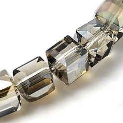 Dark Khaki Electorplated Glass Beads, Rainbow Plated, Faceted, Cube, Dark Khaki, 10~11x10~11x10~11mm, Hole: 1mm