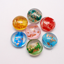 Mixed Color Handmade Gold Sand Lampwork Beads, Flat Round, Mixed Color, 20x10mm, Hole: 2mm