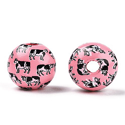 Hot Pink Printed Schima Wooden Beads, Round with Cow Pattern, Hot Pink, 16x14.5mm, Hole: 3.8mm