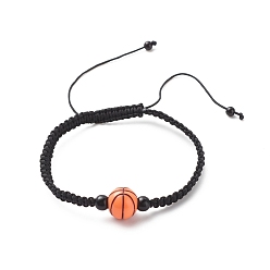 Basketball Браслет из плетеных акриловых бусин, регулируемый браслет из нейлонового шнура для женщин, баскетбольный узор, внутренний диаметр: 2-1/8~3-1/2 дюйм (5.5~8.8 см)