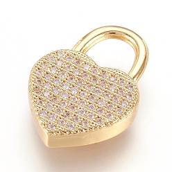 Настоящее золото 18K Латунные микро проложить кубического циркония подвески, реальный 18 k позолоченный, замок на сердце, золотые, 20x14x3.5 мм, отверстие : 6x6.5 мм