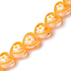 Orange Brins de perles à chalumeau manuels, avec l'émail, coeur avec fleur, orange, 12x12x7mm, Trou: 1.2mm, Environ 30 pcs/chapelet, 12.80'' (32.5 cm)