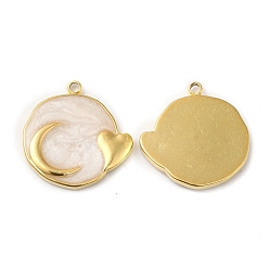 Cornsilk Real 18K Gold Plated 304 Stainless Steel Pendants, with Enamel, Flat Round with Moon & Heart Charm, Cornsilk, 17.5x17x2mm, Hole: 1.4mm