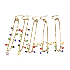Mixed Patterns Colorful Glass Beads & 304 Stainless Steel Charm Anklet with Cable Chains for Women, Golden, Mixed Patterns, Pendant: 10~15x7~11x0.5~0.7mm, 8-7/8 inch(22.5cm)