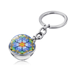 Dodger Blue Yoga Mandala Pattern Double-Sided Glass Half Round/Dome Pendant Keychain, with Alloy Findings, for Car Bag Pendant Accessories, Dodger Blue, 7.9cm