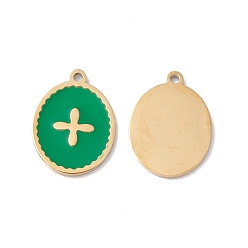 Sea Green Ion Plating(IP) 304 Stainless Steel Pendants, with Enamel, Real 24K Gold Plated, Oval with Cross, Sea Green, 13.5x10x1mm, Hole: 1mm