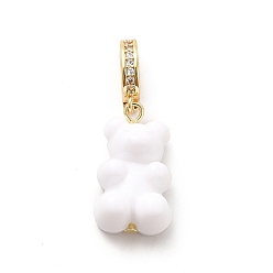 White Plastic Bear Dangle Hoop Earrings with Clear Cubic Zirconia, Golden Brass Jewelry for Women, White, 32mm, Pin: 1mm
