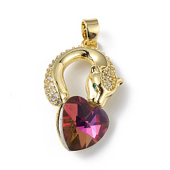 Fuchsia Real 18K Gold Plated Rack Plating Brass Micro Pave Clear Cubic Zirconia Pendants, with Glass, Long-Lasting Plated, Cadmium Free & Lead Free, Leopard with Heart Charm, Fuchsia, 28.5x17.5x8mm, Hole: 5x3.2mm