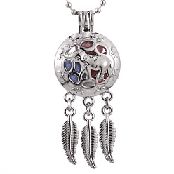 Platinum Alloy Diffuser Locket Pendants, with Elephant Pattern, Excluding Chain, Woven Net/Web with Feather, Platinum, 55x24mm