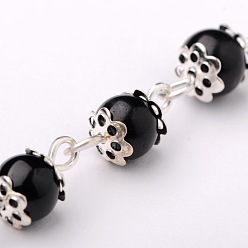 Black Handmade Round Glass Pearl Beads Chains for Necklaces Bracelets Making, with Iron Beads clasps, Iron Cable Chains and Iron Eye Pin, Unwelded, Silver Color Plated, Black, 39.3 inch