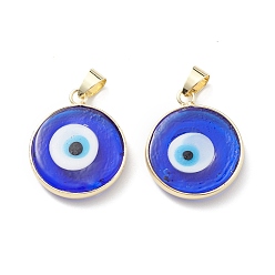 Blue Handmade Evil Eye Lampwork Pendants, with Rack Plating Light Gold Tone Brass Findings, Long-Lasting Plated, Lead Free & Cadmium Free, Flat Round, Blue, 24~25.5x20.5~21x4~4.5mm, Hole: 6x4~4.5mm