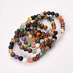 Mixed Color Natural & Synthetic Mixed Stone Beaded Stretch Bracelets, Mixed Stone, Round, Mixed Color, 2-1/8 inch(55mm), Bead: 8~9mm