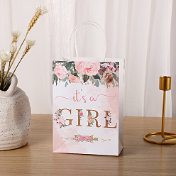 Fleur Sacs en papier kraft, avec une poignée, sacs-cadeaux, sacs à provisions, rectangle avec mot c'est une fille, motif rose, 15x8x21 cm