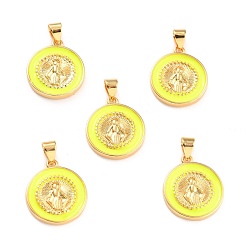 Yellow Brass Enamel Pendants, Cadmium Free & Lead Free, Long-Lasting Plated, Flat Round with Virgin Mary, Real 18K Gold Plated, Yellow, 18x16x2.5mm, Hole: 4.5x3.5mm