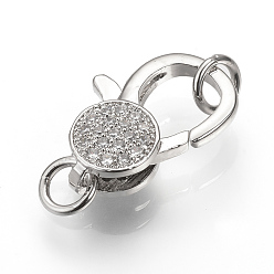 Platinum Brass Micro Pave Cubic Zirconia Lobster Claw Clasps, Platinum, 15~16x10~11x4.5mm, Hole: 3mm