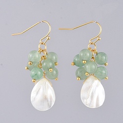 Green Aventurine Natural Green Aventurine Dangle Earrings, with Natural Spiral Shell Beads, Real 18K Gold Plated Brass Earring Hooks and Copper Wire, 43mm, Pin: 0.6mm
