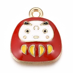 Roja Colgantes de la aleación, con esmalte, muñeca japonesa del dharma, amuletos de buena suerte, dorado, rojo, 15.5x13.5x3.5 mm, agujero: 1.6 mm
