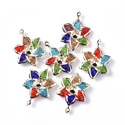 Mixed Color Rack Plating Iron Glass Pendants, Light Gold Tone Flower Charms, Mixed Color, 29x21x6mm, Hole: 1mm