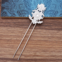 Silver Hair Accessories Brass Hair Fork Findings, with Alloy Flower Filigree Findings, Silver, 115x12x2mm, Inner Diameter: 10mm