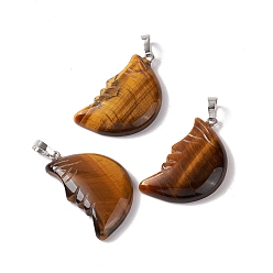 Tiger Eye Natural Tiger Eye Pendants, Moon Charm, with Platinum Tone Brass Findings, 37~38.5x22~23x7~8mm, Hole: 7.7x5mm