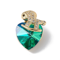 Light Sea Green Real 18K Gold Plated Rack Plating Brass Micro Pave Clear Cubic Zirconia Pendants, with Glass, Long-Lasting Plated, Cadmium Free & Lead Free, Horse & Heart Charm, Light Sea Green, 17.5x12x10mm, Hole: 2x4mm