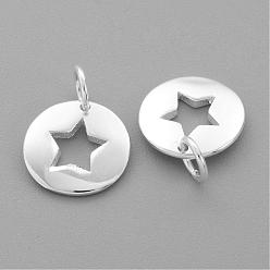 Silver 925 Sterling Silver Charms, Flat Round with Star, Silver, 14.5x11x1.5mm, Hole: 3mm