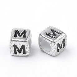 Letter M Plated Acrylic Beads, Horizontal Hole, Cube with Letter, Antique Silver, Letter.M, 6mm, Hole: 3mm, about 3000pcs/500g