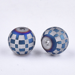 Blue Electroplate Glass Beads, Plaid Beads, Frosted, Round with Tartan Pattern, Blue, 8~8.5mm, Hole: 1.5mm