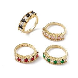 Mixed Color Rack Plating Brass Cubic Zirconia Cuff Rings for Women, Oval Long-Lasting Plated Open Ring, Lead Free & Cadmium Free, Real 18K Gold Plated, Mixed Color, 2.5~5.8mm, Inner Diameter: US Size 6 1/4(16.8mm)