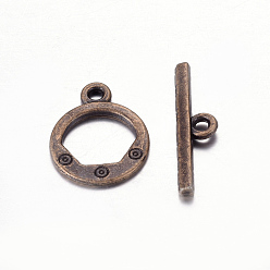Red Copper Tibetan Style Toggle Clasps, Lead Free & Cadmium Free & Nickel Free, Red Copper Color, Ring: 13.5mm wide, 17.5mm long, Bar: 23mm long, hole: 2mm