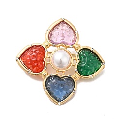 Coloré Trèfle coeur strass avec broche imitation perle, insigne en alliage doré pour sac à dos vêtements pendentif bijoux, colorées, 62.5x62.5x7.5mm, pin: 1 mm, Trou: 9x5mm